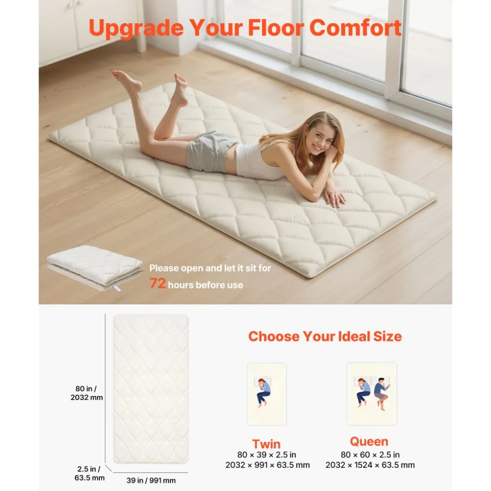 VEVOR Japanese Tatami Mat, Twin Size Foldable Japanese Tatami Mattress, Futon Mattress with Storage Bag & Fastener, 9-Layer Floor Mat for Sleeping, Dormitory, Meditation, Yoga, 80 x 39 x 2.5 in, White