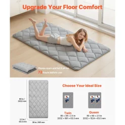 VEVOR Japanese Tatami Mat, Twin Size Foldable Japanese Tatami Mattress, Futon Mattress with Storage Bag & Fastener, 9-Layer Floor Mat for Sleeping, Dormitory, Meditation, Yoga, 80 x 39 x 2.5 in, Gray