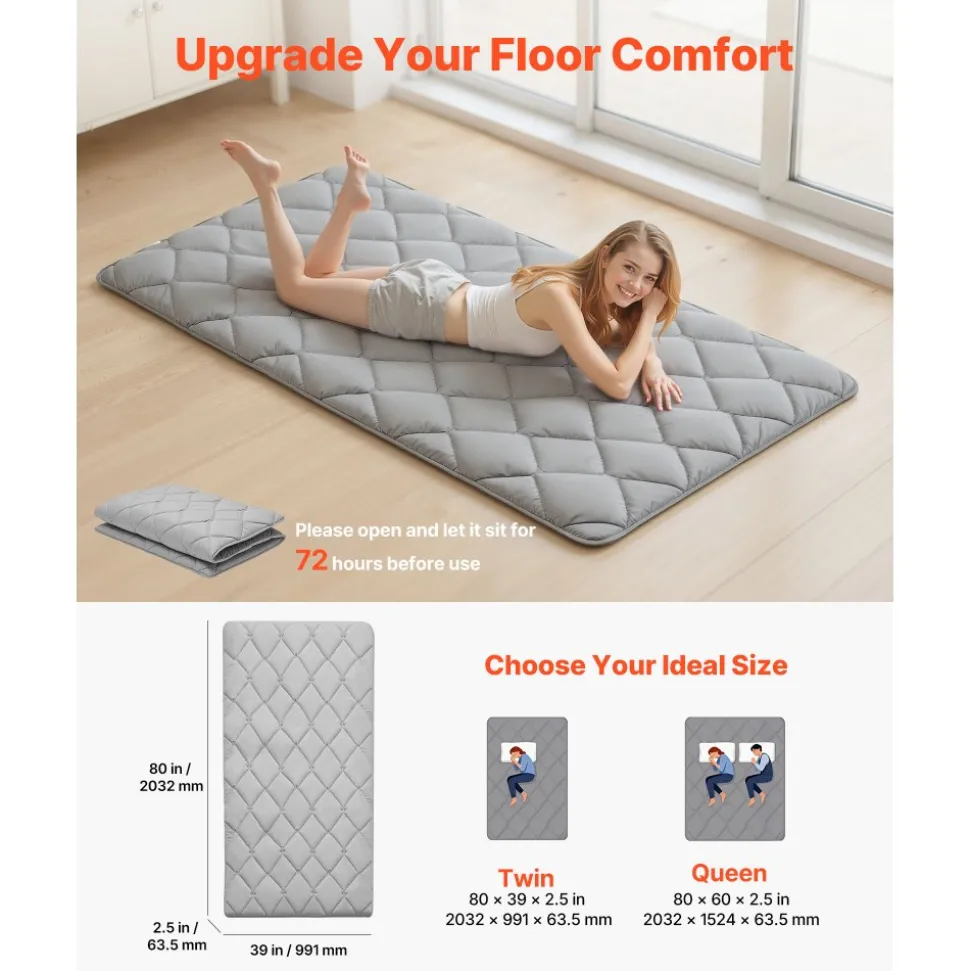 VEVOR Japanese Tatami Mat, Twin Size Foldable Japanese Tatami Mattress, Futon Mattress with Storage Bag & Fastener, 9-Layer Floor Mat for Sleeping, Dormitory, Meditation, Yoga, 80 x 39 x 2.5 in, Gray