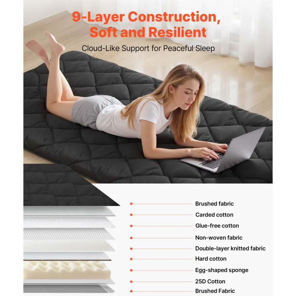 VEVOR Japanese Tatami Mat, Twin Size Foldable Japanese Tatami Mattress, Futon Mattress with Storage Bag & Fastener, 9-Layer Floor Mat for Sleeping, Dormitory, Meditation, Yoga, 80 x 39 x 3.5 in, Black