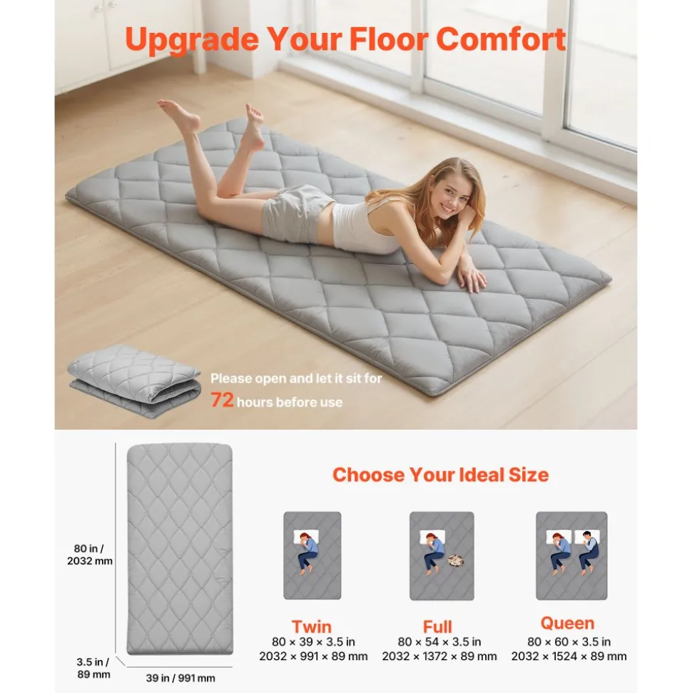 VEVOR Japanese Tatami Mat, Twin Size Foldable Japanese Tatami Mattress, Futon Mattress with Storage Bag & Fastener, 9-Layer Floor Mat for Sleeping, Dormitory, Meditation, Yoga, 80 x 39 x 3.5 in, Gray