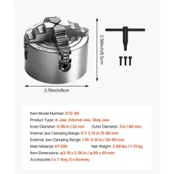 VEVOR 4-Jaw Lathe Chuck, 3 Inch (80 mm), 4-Jaw Independent Chuck, 0.1-3.15 in (5-80 mm) Clamping Range with T-key Fixing Screws Reversible Jaws, HT300 Material, Internal External for Wood Metal Lathe