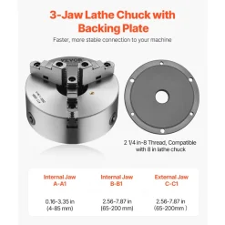 VEVOR 3-Jaw Lathe Chuck, 8 Inch (200 mm), Self-Centering Chuck with 2 1/4 in-8 Threaded Backing Plate, 0.16-7.87 in (4-200 mm) Clamping Range with T-wrench Screws, HT300 Material, for Wood Metal Lathe