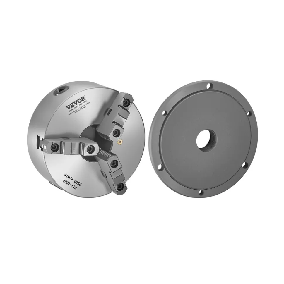 VEVOR 3-Jaw Lathe Chuck, 8 Inch (200 mm), Self-Centering Chuck with 2 1/4 in-8 Threaded Backing Plate, 0.16-7.87 in (4-200 mm) Clamping Range with T-wrench Screws, HT300 Material, for Wood Metal Lathe