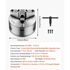 VEVOR 3-Jaw Lathe Chuck, 6 Inch (160 mm), Self-Centering Chuck with 1 1/2 in-8 Threaded Backing Plate, 0.12-5.71 in (3-145 mm) Clamping Range with T-wrench Screws, HT300 Material, for Wood Metal Lathe