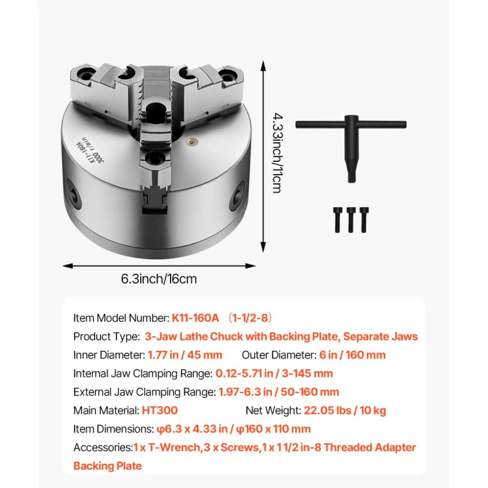 VEVOR 3-Jaw Lathe Chuck, 6 Inch (160 mm), Self-Centering Chuck with 1 1/2 in-8 Threaded Backing Plate, 0.12-5.71 in (3-145 mm) Clamping Range with T-wrench Screws, HT300 Material, for Wood Metal Lathe