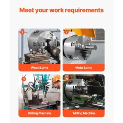 VEVOR 3-Jaw Lathe Chuck, 6 Inch (160 mm), Self-Centering Chuck with 1 1/2 in-8 Threaded Backing Plate, 0.12-5.71 in (3-145 mm) Clamping Range with T-wrench Screws, HT300 Material, for Wood Metal Lathe