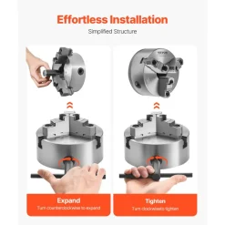 VEVOR 3-Jaw Lathe Chuck, 6 Inch (160 mm), Self-Centering Chuck with 1 1/2 in-8 Threaded Backing Plate, 0.12-5.71 in (3-145 mm) Clamping Range with T-wrench Screws, HT300 Material, for Wood Metal Lathe