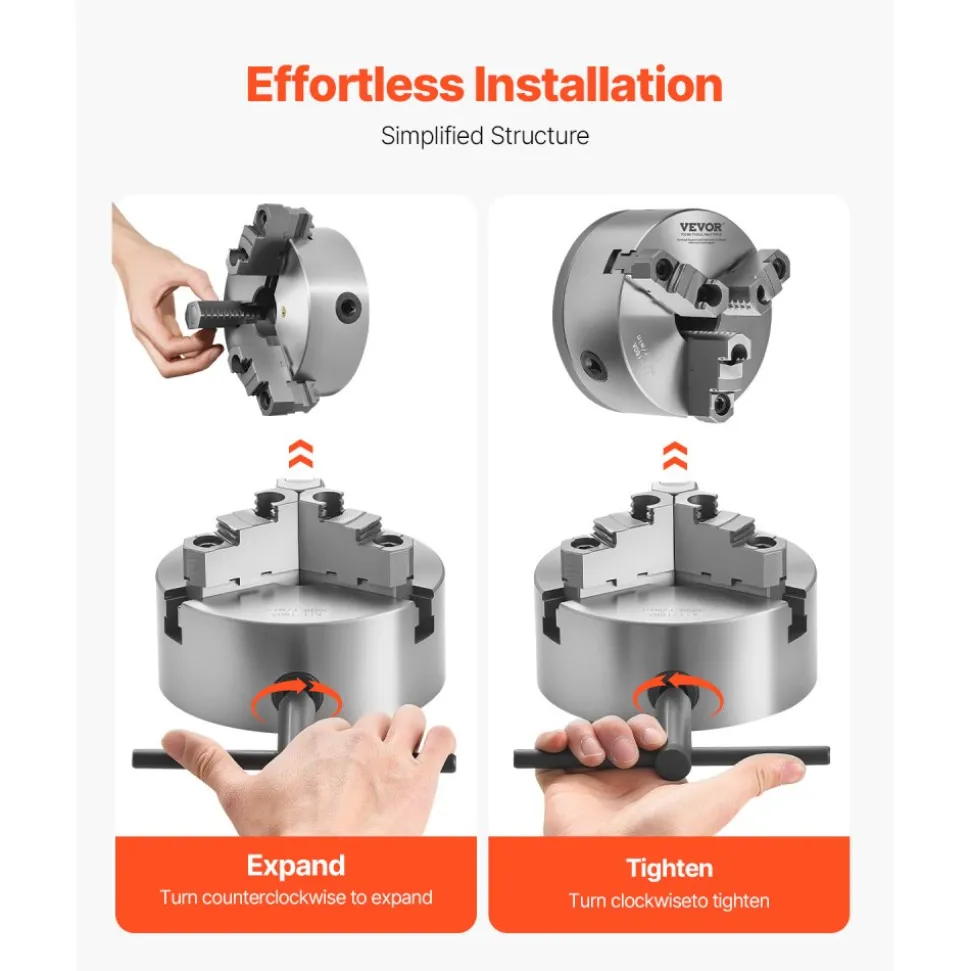 VEVOR 3-Jaw Lathe Chuck, 6 Inch (160 mm), Self-Centering Chuck with 1 1/2 in-8 Threaded Backing Plate, 0.12-5.71 in (3-145 mm) Clamping Range with T-wrench Screws, HT300 Material, for Wood Metal Lathe