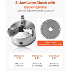 VEVOR 3-Jaw Lathe Chuck, 6 Inch (160 mm), Self-Centering Chuck with 1 1/2 in-8 Threaded Backing Plate, 0.12-5.71 in (3-145 mm) Clamping Range with T-wrench Screws, HT300 Material, for Wood Metal Lathe