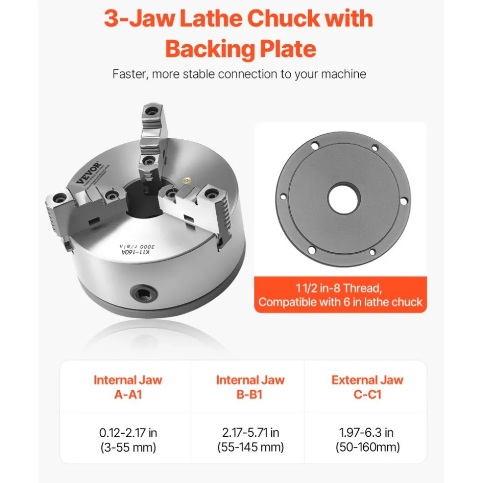 VEVOR 3-Jaw Lathe Chuck, 6 Inch (160 mm), Self-Centering Chuck with 1 1/2 in-8 Threaded Backing Plate, 0.12-5.71 in (3-145 mm) Clamping Range with T-wrench Screws, HT300 Material, for Wood Metal Lathe