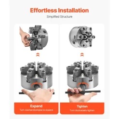 VEVOR 6-Jaw Lathe Chuck, 6 Inch (160 mm), Self-Centering Chuck with D1-4 Cam Lock Backing Plate, 0.12-5.71 in (3-145 mm) Clamping Range with T-wrench Screws, HT300 Material, for Wood Metal Lathe