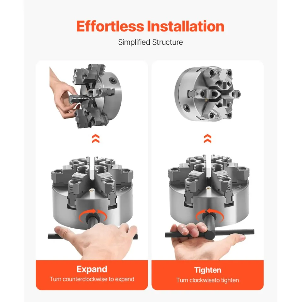 VEVOR 6-Jaw Lathe Chuck, 6 Inch (160 mm), Self-Centering Chuck with D1-4 Cam Lock Backing Plate, 0.12-5.71 in (3-145 mm) Clamping Range with T-wrench Screws, HT300 Material, for Wood Metal Lathe