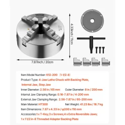 VEVOR 4-Jaw Lathe Chuck, 8 Inch (200 mm), Self-Centering Chuck with 1 1/2 in-8 Threaded Backing Plate, 0.16-7.87 in (4-200 mm) Clamping Range with T-wrench Screws, HT300 Material, for Wood Metal Lathe
