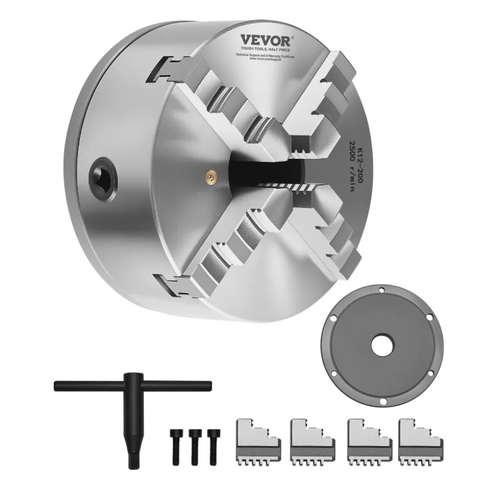 VEVOR 4-Jaw Lathe Chuck, 8 Inch (200 mm), Self-Centering Chuck with 1 1/2 in-8 Threaded Backing Plate, 0.16-7.87 in (4-200 mm) Clamping Range with T-wrench Screws, HT300 Material, for Wood Metal Lathe
