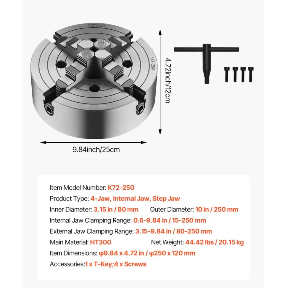 VEVOR 4-Jaw Lathe Chuck, 10 in (250 mm), Lathe Chuck, 0.6-9.84 in (15-250 mm) Clamping Range with T-key Fixing Screws Reversible Jaws, HT300 Cast Iron Material, Internal External for Wood Metal Lathe