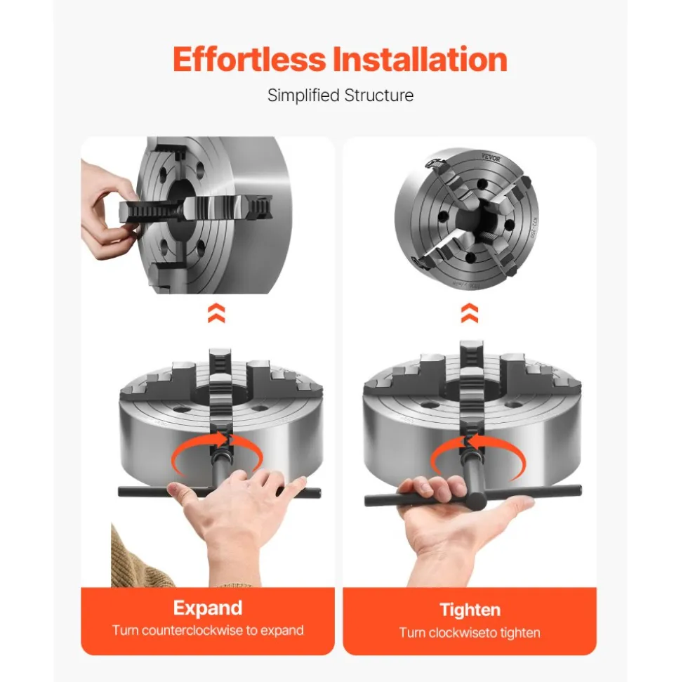 VEVOR 4-Jaw Lathe Chuck, 10 in (250 mm), Lathe Chuck, 0.6-9.84 in (15-250 mm) Clamping Range with T-key Fixing Screws Reversible Jaws, HT300 Cast Iron Material, Internal External for Wood Metal Lathe