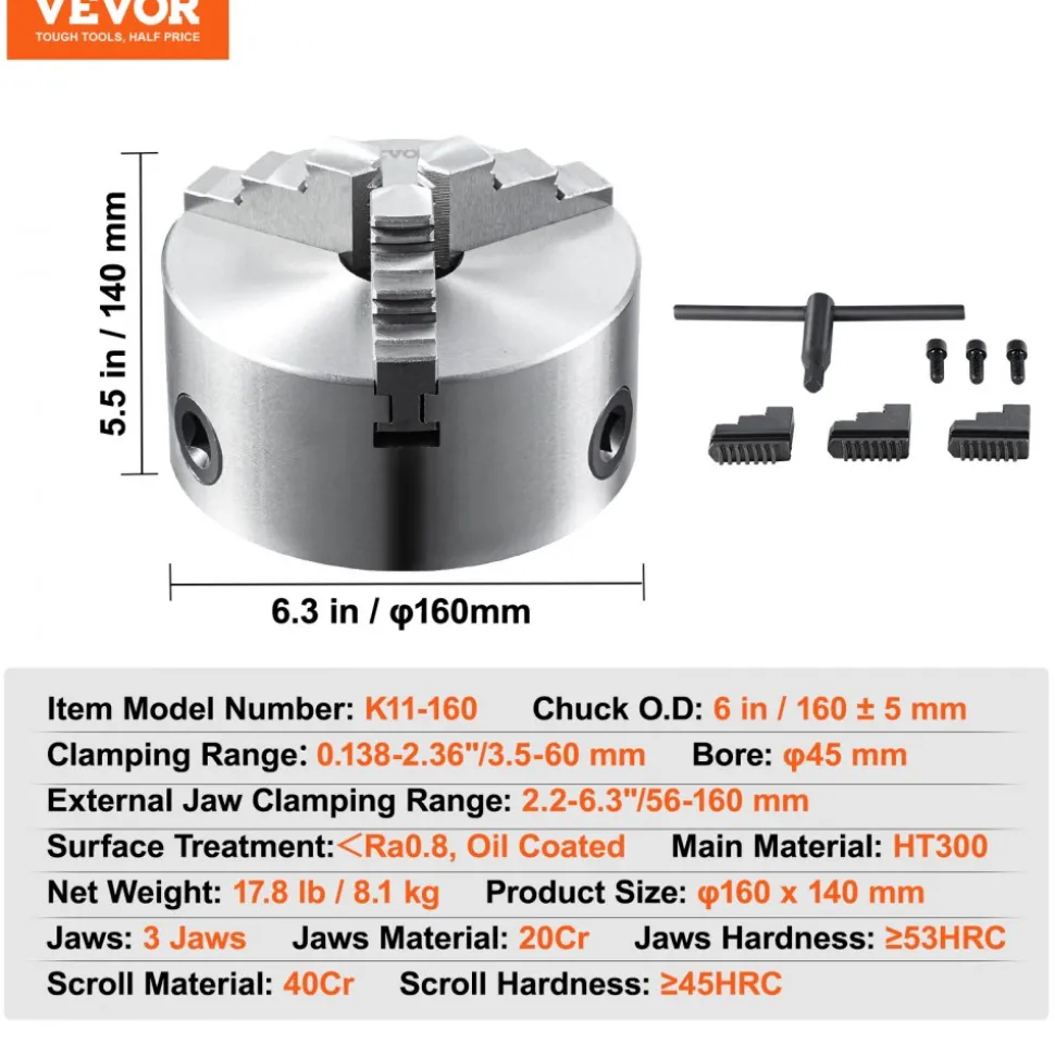 VEVOR 3-Jaw Lathe Chuck, 6'', Self-Centering Lathe Chuck, 0.14- 6.3 in/3.5-160 mm Clamping Range with T-key Fixing Screws Reversible Jaws, for Lathe 3D Printer Machining Center Milling Drilling Machin
