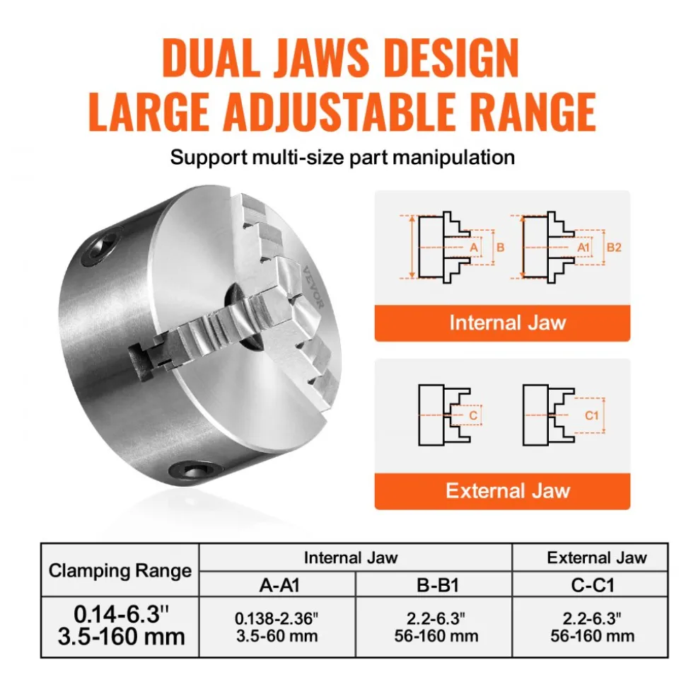 VEVOR 3-Jaw Lathe Chuck, 6'', Self-Centering Lathe Chuck, 0.14- 6.3 in/3.5-160 mm Clamping Range with T-key Fixing Screws Reversible Jaws, for Lathe 3D Printer Machining Center Milling Drilling Machin