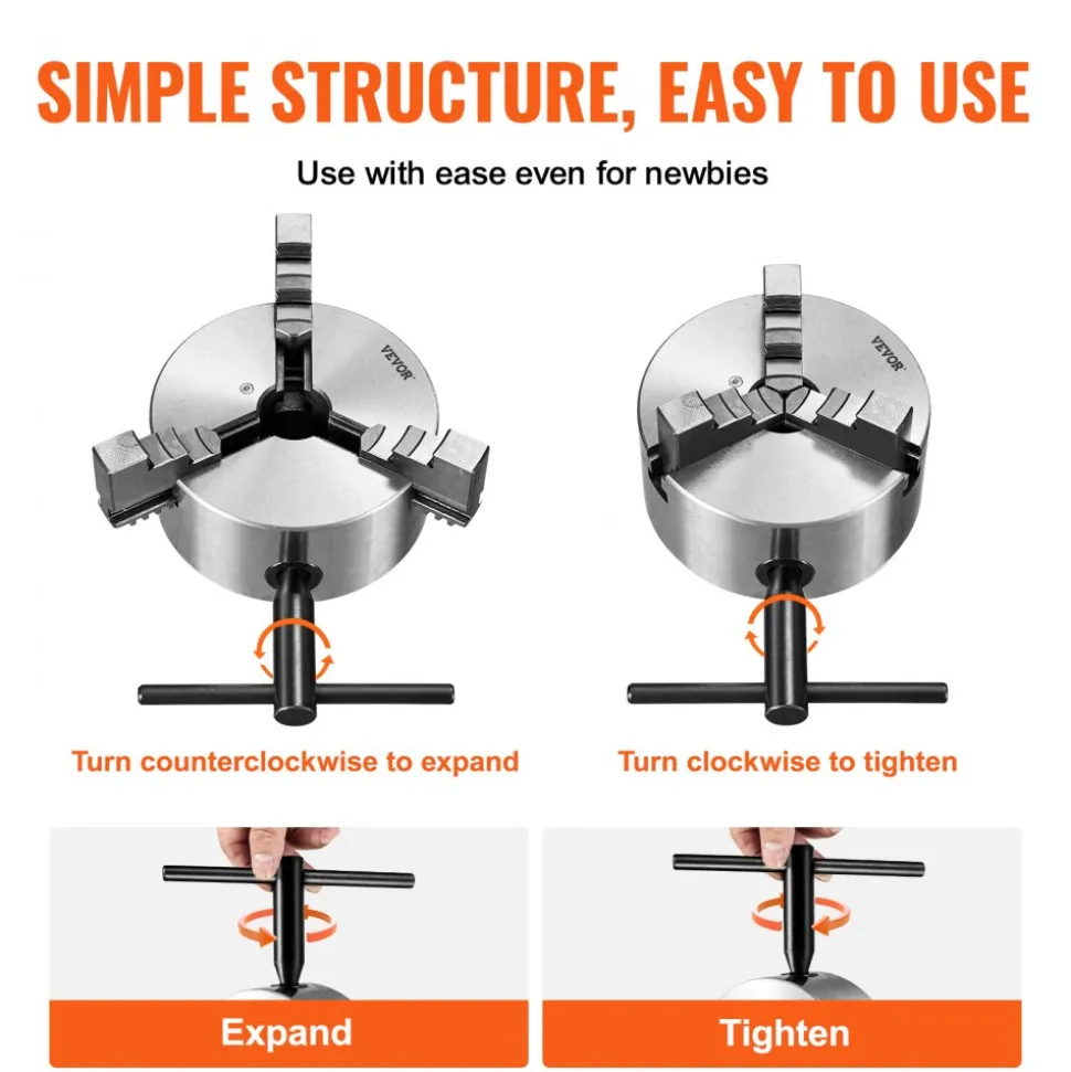 VEVOR 3-Jaw Lathe Chuck, 6'', Self-Centering Lathe Chuck, 0.14- 6.3 in/3.5-160 mm Clamping Range with T-key Fixing Screws Reversible Jaws, for Lathe 3D Printer Machining Center Milling Drilling Machin
