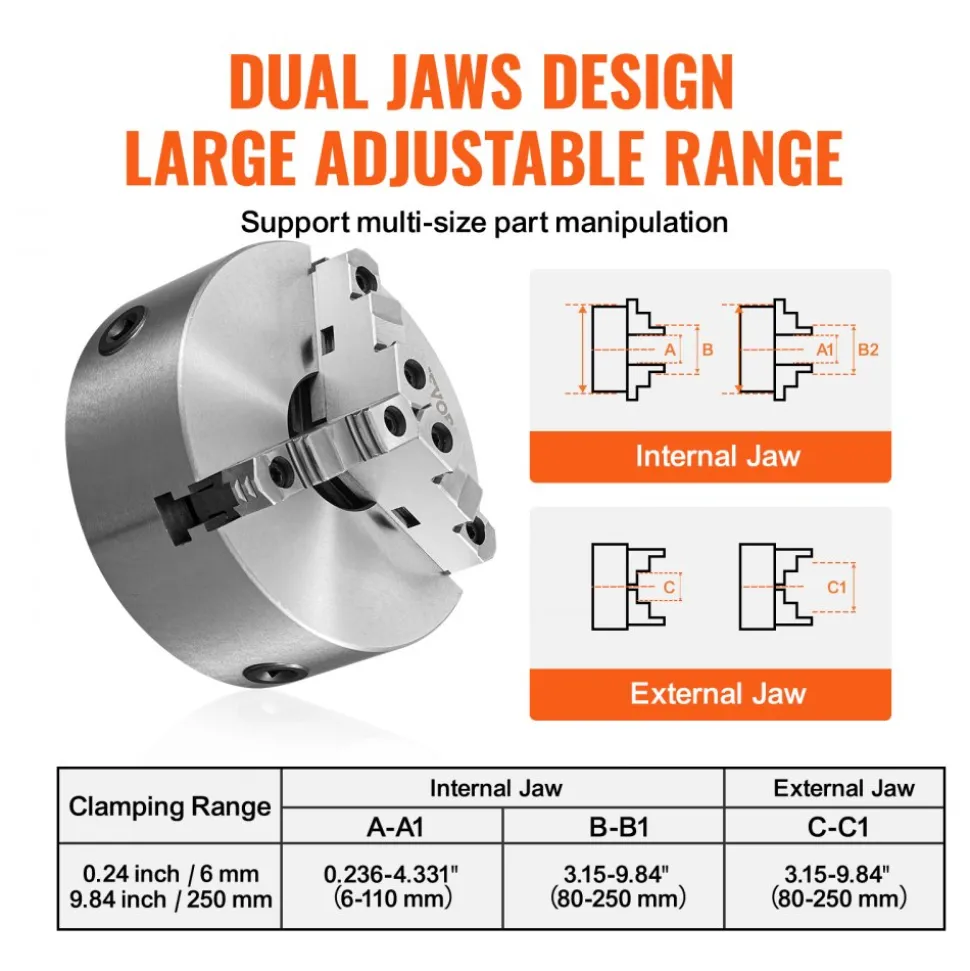 VEVOR 3-Jaw Lathe Chuck, 10'', Self-Centering Lathe Chuck, 0.24-9.84 in/6-250 mm Clamping Range with T-key Fixing Screws Hexagon Wrench, for Lathe 3D Printer Machining Center Milling Drilling Machine
