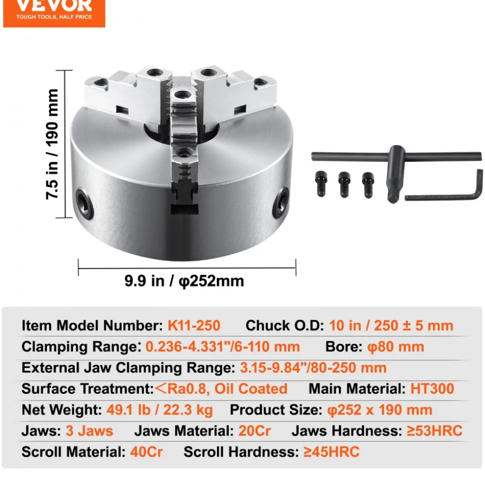 VEVOR 3-Jaw Lathe Chuck, 10'', Self-Centering Lathe Chuck, 0.24-9.84 in/6-250 mm Clamping Range with T-key Fixing Screws Hexagon Wrench, for Lathe 3D Printer Machining Center Milling Drilling Machine