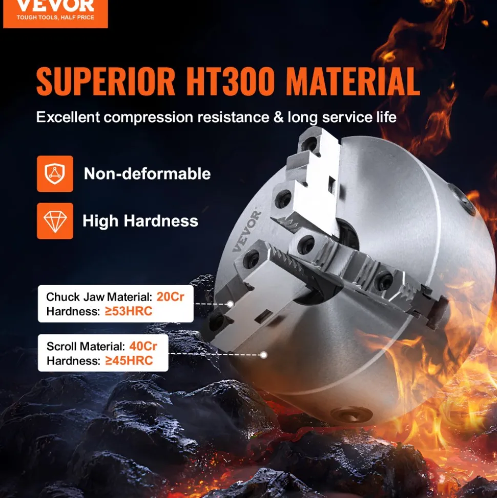 VEVOR 3-Jaw Lathe Chuck, 10'', Self-Centering Lathe Chuck, 0.24-9.84 in/6-250 mm Clamping Range with T-key Fixing Screws Hexagon Wrench, for Lathe 3D Printer Machining Center Milling Drilling Machine