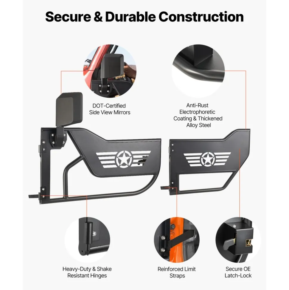 VEVOR Jeep Tube Doors, 4-Door, Compatible with 2018-2026 Jeep Wrangler JL Unlimited & 2020-2026 Gladiator JT, Alloy Steel Off Road Front & Rear Tubular Half Doors with Storage Bag and Rubber Pads