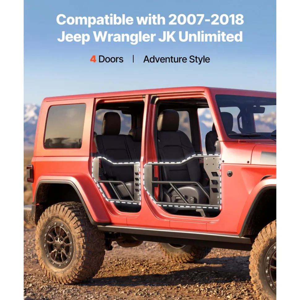 VEVOR Jeep Tube Doors, 4-Door, Compatible with 2007-2018 Jeep Wrangler JK Unlimited, Alloy Steel Off Road Front & Rear Tubular Half Doors with Storage Bag, Rubber Pads, Heavy-Duty Hinges and OE Latch
