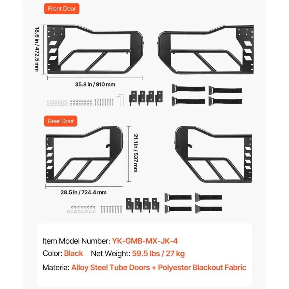 VEVOR Jeep Tube Doors, 4-Door, Compatible with 2007-2018 Jeep Wrangler JK Unlimited, Alloy Steel Off Road Front & Rear Tubular Half Doors with Storage Bag, Rubber Pads, Heavy-Duty Hinges and OE Latch