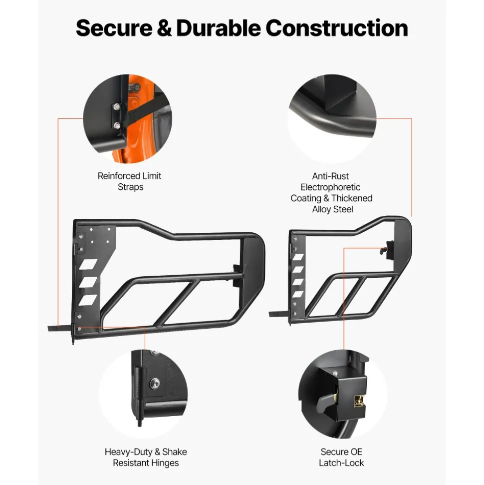 VEVOR Jeep Tube Doors, 4-Door, Compatible with 2007-2018 Jeep Wrangler JK Unlimited, Alloy Steel Off Road Front & Rear Tubular Half Doors with Storage Bag, Rubber Pads, Heavy-Duty Hinges and OE Latch