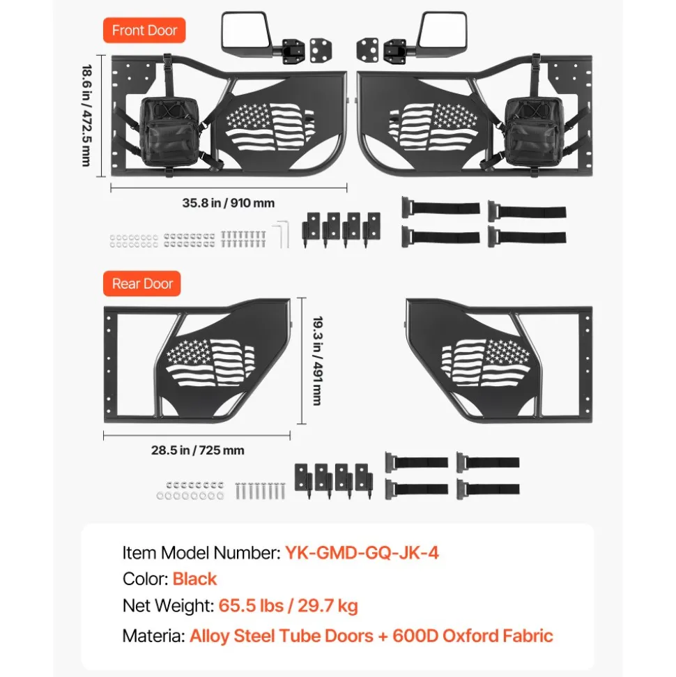 VEVOR Jeep Tube Doors, 4-Door, Compatible with 2018-2026 Jeep Wrangler JL & 2020-2026 Gladiator JT, Steel Off Road Front & Rear Tubular Half Doors with DOT Certified Side View Mirrors and Storage Bag