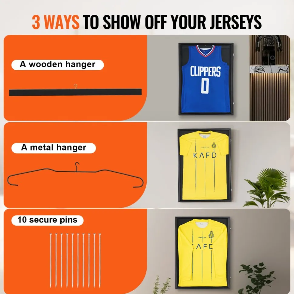 VEVOR Jersey Display Frame Case, 23.3 x 31.2 x 1.5 in, Large Lockable Sport Jersey Shadow Box with 98% UV Protection PC Glass and Hangers, for Baseball Basketball Football Hockey Shirt and Uniform