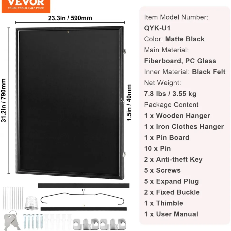 VEVOR Jersey Display Frame Case, 23.3 x 31.2 x 1.5 in, Large Lockable Sport Jersey Shadow Box with 98% UV Protection PC Glass and Hangers, for Baseball Basketball Football Hockey Shirt and Uniform