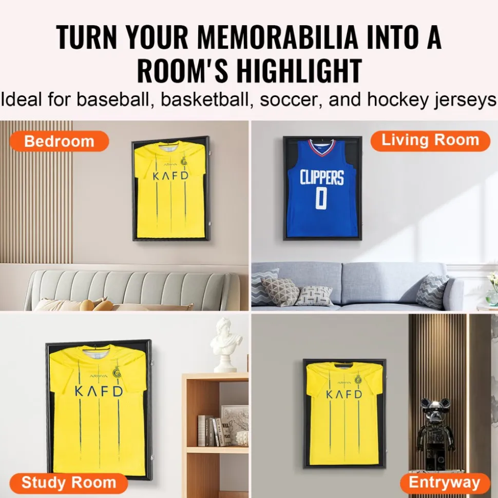 VEVOR Jersey Display Frame Case, 24 x 32 x 1.5 in, Large Lockable Sport Jersey Shadow Box with 98% UV Protection PC Glass and Hangers, for Baseball Basketball Football Hockey Shirt and Uniform, Black