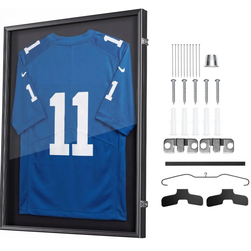 VEVOR Jersey Frame Display Case, 36.4 x 28.3 x 1.5 in, Wooden Sport Jersey Shadow Box with 98% UV Protection PC Panel and Hanger, Magnetic Lock, for Baseball Basketball Football Hockey Shirt Uniform