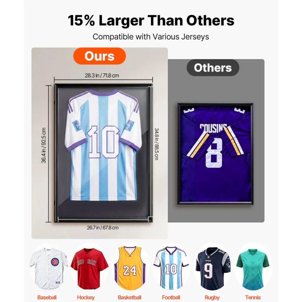 VEVOR Jersey Frame Display Case, 36.4 x 28.3 x 1.5 in, Wooden Sport Jersey Shadow Box with 98% UV Protection PC Panel and Hanger, Magnetic Lock, for Baseball Basketball Football Hockey Shirt Uniform