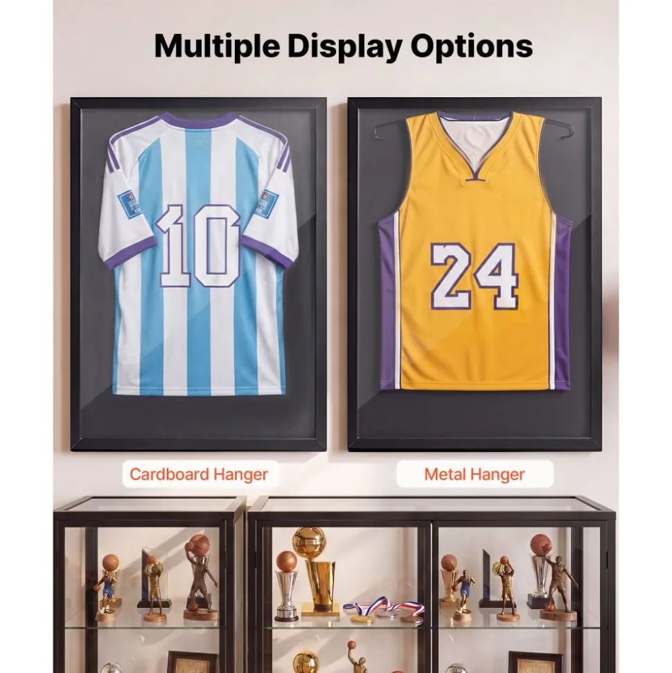 VEVOR Jersey Frame Display Case, 35.4 x 27.6 x 1.2 in, Wooden Sport Jersey Shadow Box with 98% UV Protection PC Panel and Hanger, for Baseball Basketball Football Hockey Shirt Sport Uniform, Black