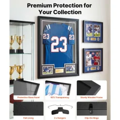 VEVOR Jersey Frame Display Case, 35.4 x 27.6 x 1.2 in, Wooden Sport Jersey Shadow Box with 98% UV Protection PC Panel and Hanger, for Baseball Basketball Football Hockey Shirt Sport Uniform, Black