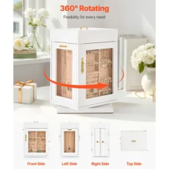 VEVOR Jewelry Box, 360° Rotating Jewelry Organizer with Magnetic Door, Acrylic Window and Built-in 4 Necklace Hooks, Spacious Storage Case with Metal Handles, Bottom Pad and Soft Flannel Lining, White