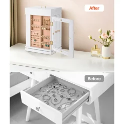 VEVOR Jewelry Box, 360° Rotating Jewelry Organizer with Magnetic Door, Acrylic Window and Built-in 4 Necklace Hooks, Spacious Storage Case with Metal Handles, Bottom Pad and Soft Flannel Lining, White