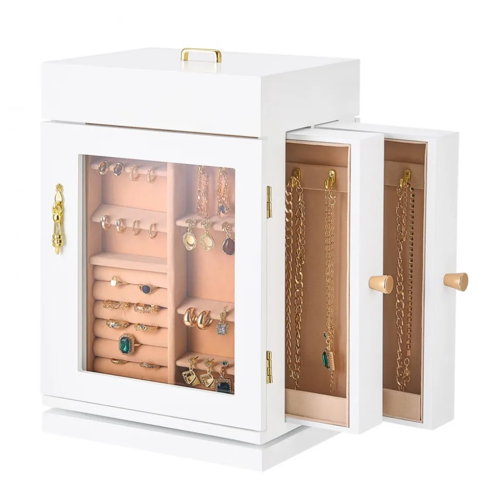 VEVOR Jewelry Box, 360° Rotating Jewelry Organizer with Magnetic Door, Acrylic Window and Built-in 4 Necklace Hooks, Spacious Storage Case with Metal Handles, Bottom Pad and Soft Flannel Lining, White
