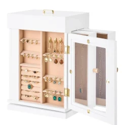 VEVOR Jewelry Box, 360° Rotating Jewelry Organizer with Magnetic Door, Acrylic Window and Built-in 4 Necklace Hooks, Spacious Storage Case with Metal Handles, Bottom Pad and Soft Flannel Lining, White