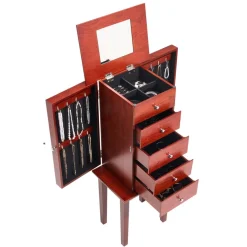 VEVOR Jewelry Cabinet Armoire, Standing Wood Jewelry Storage Chest with 4 Spacious Drawers, Flip Top Mirror, 4 Top Storage Compartments, Zinc Alloy Handles, 2 Side Doors with 16 Necklace Hooks