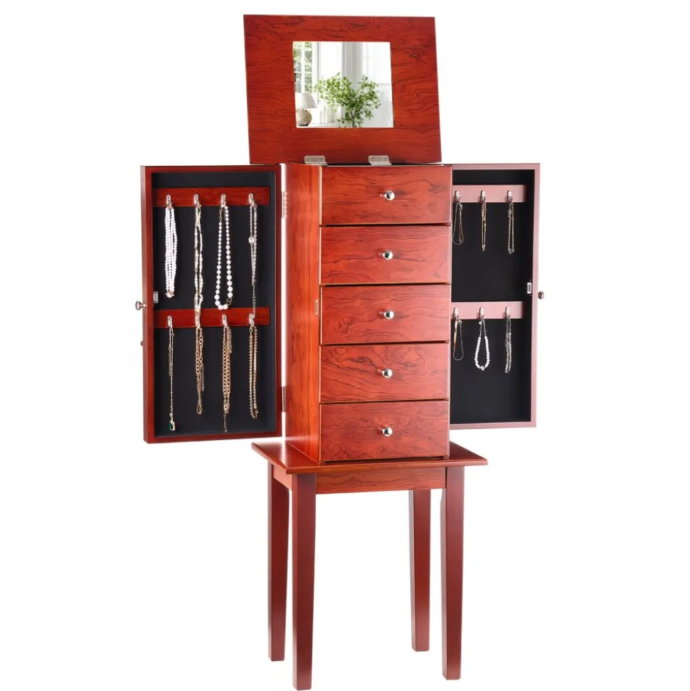 VEVOR Jewelry Cabinet Armoire, Standing Wood Jewelry Storage Chest with 4 Spacious Drawers, Flip Top Mirror, 4 Top Storage Compartments, Zinc Alloy Handles, 2 Side Doors with 16 Necklace Hooks