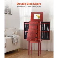 VEVOR Jewelry Cabinet Armoire, Standing Wood Jewelry Storage Chest with 4 Spacious Drawers, Flip Top Mirror, 4 Top Storage Compartments, Zinc Alloy Handles, 2 Side Doors with 16 Necklace Hooks