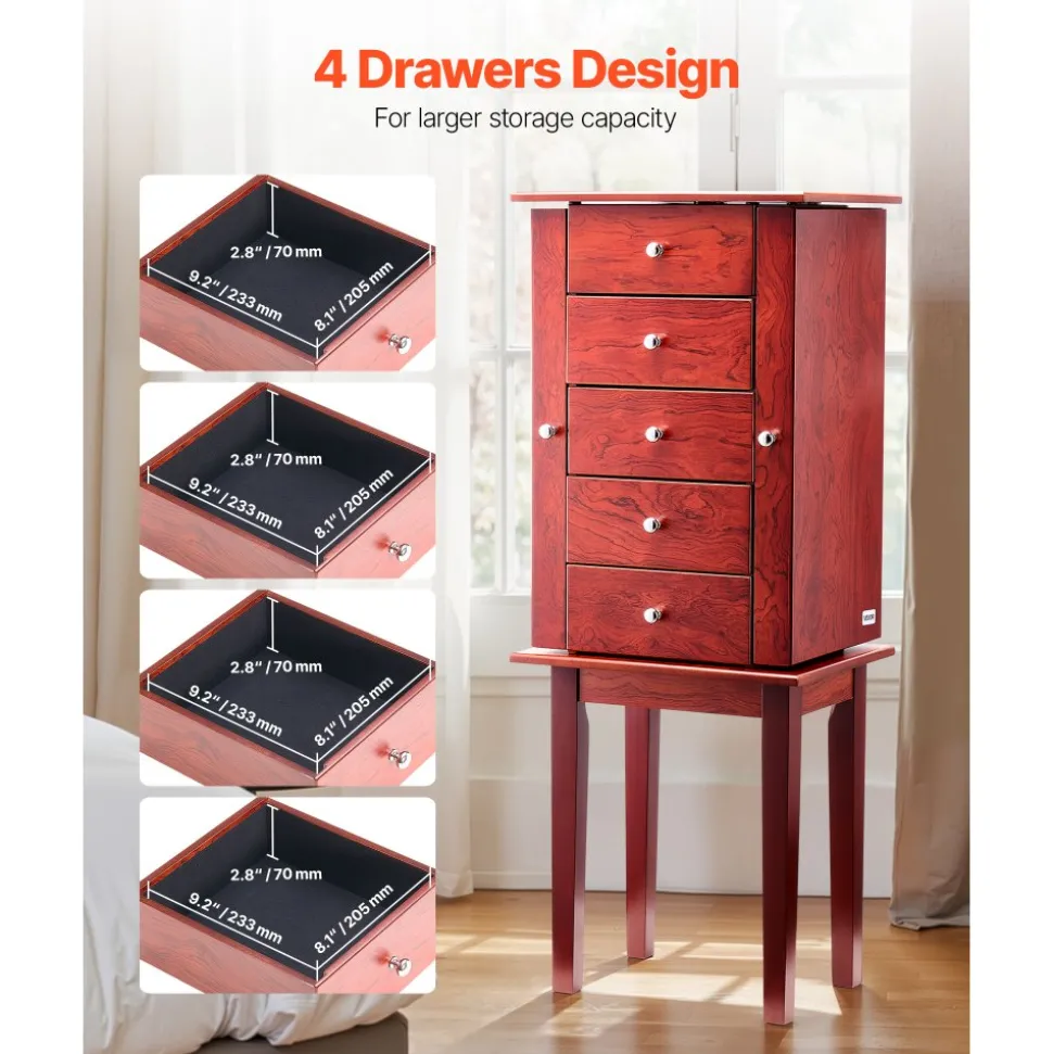 VEVOR Jewelry Cabinet Armoire, Standing Wood Jewelry Storage Chest with 4 Spacious Drawers, Flip Top Mirror, 4 Top Storage Compartments, Zinc Alloy Handles, 2 Side Doors with 16 Necklace Hooks
