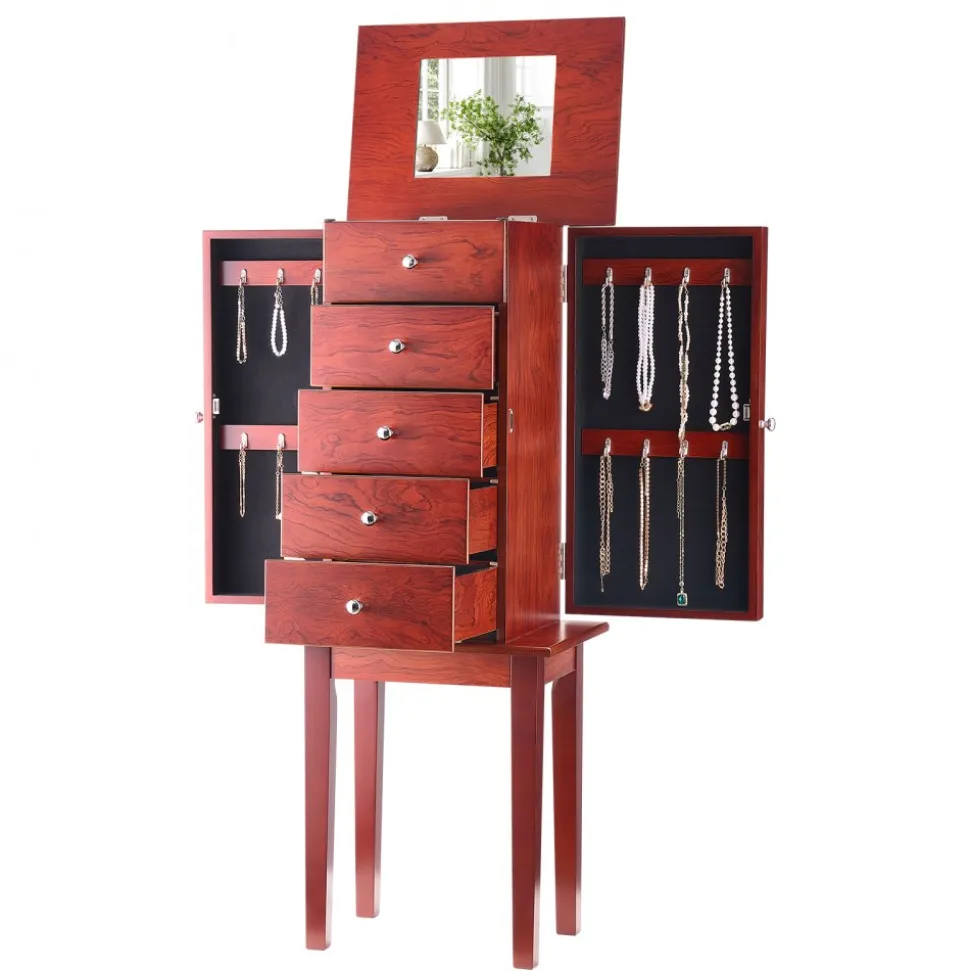 VEVOR Jewelry Cabinet Armoire, Standing Wood Jewelry Storage Chest with 4 Spacious Drawers, Flip Top Mirror, 4 Top Storage Compartments, Zinc Alloy Handles, 2 Side Doors with 16 Necklace Hooks