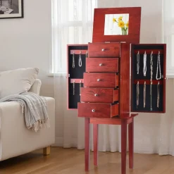 VEVOR Jewelry Cabinet Armoire, Standing Wood Jewelry Storage Chest with 4 Spacious Drawers, Flip Top Mirror, 4 Top Storage Compartments, Zinc Alloy Handles, 2 Side Doors with 16 Necklace Hooks