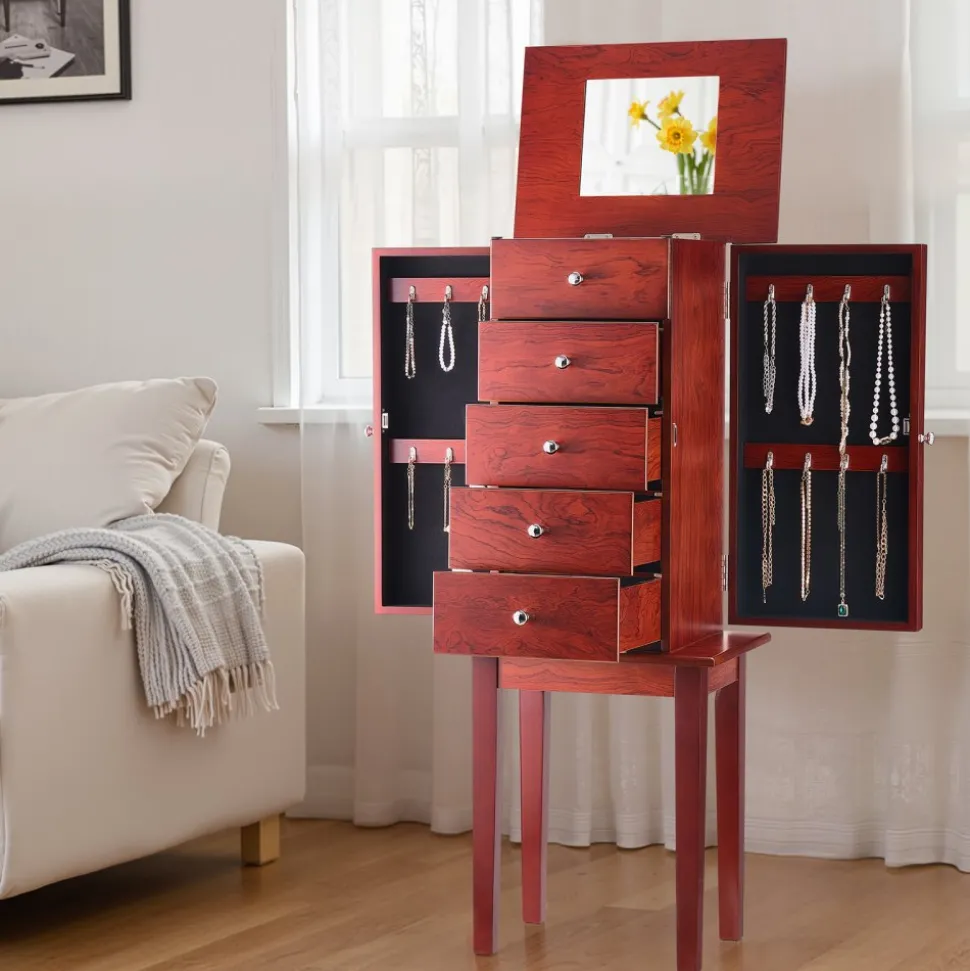 VEVOR Jewelry Cabinet Armoire, Standing Wood Jewelry Storage Chest with 4 Spacious Drawers, Flip Top Mirror, 4 Top Storage Compartments, Zinc Alloy Handles, 2 Side Doors with 16 Necklace Hooks